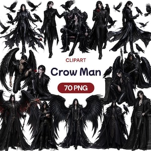 May include: A digital collection of 70 PNG clipart images featuring a dark-haired figure in black attire, often accompanied by crows, wings, or gothic thrones. The text CLIPART, Crow Man, and 70 PNG is displayed in the centre of the image.