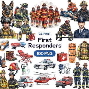 Pode incluir: Uma coleção digital de clipart de socorristas com bombeiros em equipamento de proteção, policiais, pessoal médico, veículos de emergência, incluindo ambulância, carro de polícia e helicóptero, além de equipamentos médicos como macas e kits.