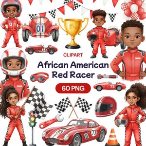 以下が含まれることがあります： アフリカ系アメリカ人の赤いレーサー、レーシングカー、ヘルメット、トロフィーを描いたデジタルイラスト。画像には「African American Red Racer」と「60 PNG」の文字が含まれています。レーサーは赤いレーシングスーツを着ています。車は赤と白のアクセントです。