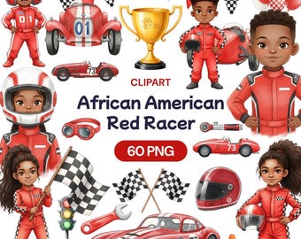 Imágenes prediseñadas de coche de carreras rojo afroamericano, 60 imágenes PNG de corredor negro, gráficos de carreras de fórmula, cumpleaños de velocidad con melanina, arte para fiesta de parada en boxes
