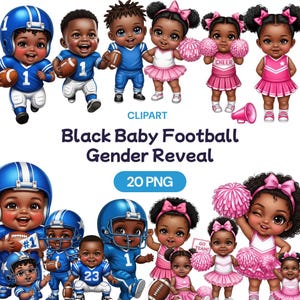 Puede incluir: Clipart digital con bebés de dibujos animados con uniformes de fútbol y animadoras. Los bebés visten trajes azules y rosas, sosteniendo balones de fútbol y pompones. El texto dice "Black Baby Football Gender Reveal" y "20 PNG".