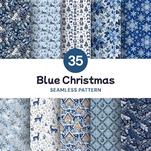 35 Blue Christmas Seamless Patterns, Winter Florals and Snowflakes Digital Paper PNG