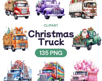 Christmas Truck Clipart, Watercolor Cute Vintage Delivery Pickup PNG Bundle, Retro Classic Decor, Festive Nostalgia, Commercial Use License