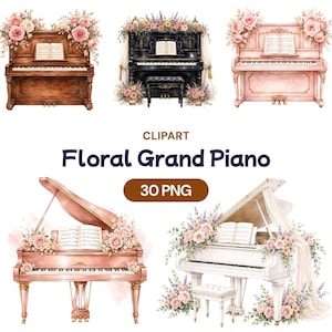 Può includere: Una collezione di cinque illustrazioni digitali raffiguranti pianoforti a coda e verticali in marrone, nero, rosa e bianco, ciascuno decorato con composizioni floreali ad acquerello e spartiti aperti. Il testo recita CLIPART Floral Grand Piano 30 PNG.