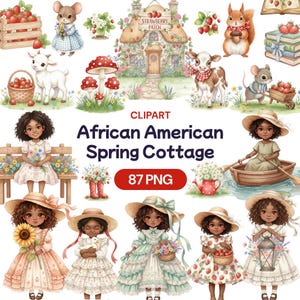 Puede incluir: Imagen de clipart digital con el texto "African American Spring Cottage" y "87 PNG". La imagen incluye ilustraciones de niños, animales, una cabaña y elementos primaverales como fresas y flores. El estilo es caprichoso y colorido.