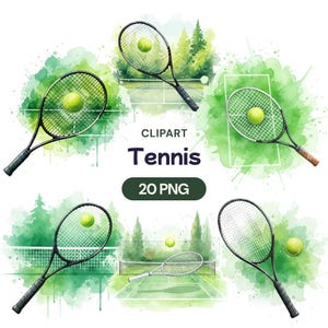 Puede incluir: Ilustración en acuarela de equipamiento de tenis, incluyendo raquetas y pelotas, sobre un fondo de salpicaduras verdes y escenas de pistas de tenis. La palabra "Tennis" se muestra en negrita, con "CLPART" arriba y "20 PNG" abajo.