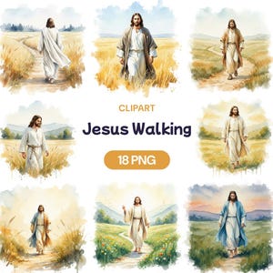May include: Watercolor illustrations of Jesus walking on paths through fields and meadows. The images depict Jesus in flowing robes, with a serene expression. The text "Jesus Walking" and "18 PNG" are also included.