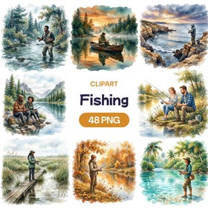 Pode incluir: Conjunto de cliparts em aquarela com várias cenas de pesca. As imagens retratam pessoas pescando em diferentes ambientes, incluindo rios, lagos e o oceano. O texto "Fishing" e "48 PNG" também está incluído.