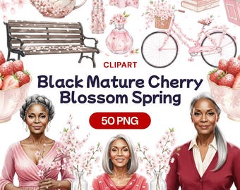 Black Mature Cherry Blossom Clipart, 50 African American Senior PNG, Watercolor Sakura Flower, Strawberry Tea Party, Grandma Mother's Day