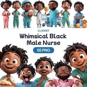 Skurrile schwarze männliche Krankenschwester Clipart, Aquarell Afroamerikaner Medizinisch Professionelle PNG Apotheke Arzt Guy Arbeiter Lizenz für kommerzielle Nutzung