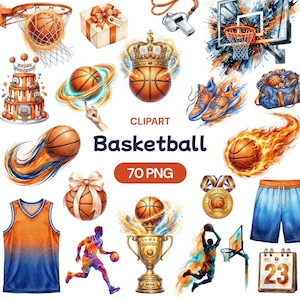Pode incluir: Conjunto de clipart em aquarela com ilustrações com tema de basquete. Inclui bolas de basquete, aros, sapatos, um troféu, uma camisa, calções e um calendário. O texto "Basketball" e "70 PNG" também estão presentes.