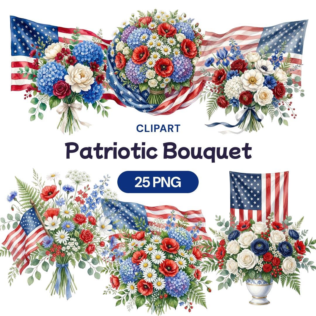 Patriotic Bouquet Clipart, Watercolor 4th of July PNG, American Flag ...