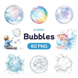 Clipart bulles mignons, illustration aquarelle bulles irisées ludiques, ensemble PNG Transparent en rafale de savon flottant, licence d'utilisation commerciale
