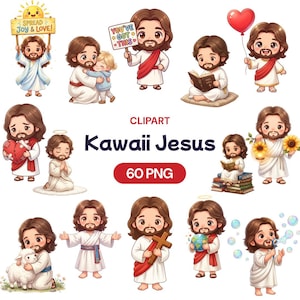 Kawaii Jesus Clipart, Chibi Christian PNG, Bible Graphic, Sunday School Art (60 PNG)