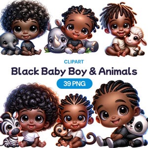 Clipart di un simpatico bambino nero con animali, kawaii acquerello afroamericano bambino PNG, creature della fattoria del safari, licenza per uso commerciale