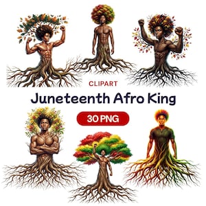 Op de afbeelding: Digitale clipart met illustraties van zwarte mannen met boomachtige lichamen en levendig gebladerte. De tekst "Juneteenth Afro King" wordt weergegeven, samen met "30 PNG". De afbeeldingen tonen verschillende poses en kleurenschema's.