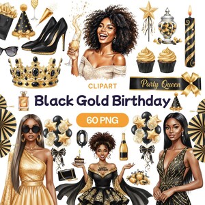 以下が含まれることがあります： 黒と金の誕生日をテーマにしたデジタルクリップアートセット。女性、ハイヒール、王冠、風船、カップケーキ、シャンパンのイラストと、「Black Gold Birthday」と「Party Queen」のテキストが含まれています。