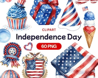 Independence Day Watercolor Clipart, 4th of July Patriotic PNG Graphics (60 Files)
