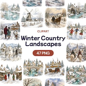 Peut inclure: Une collection numérique de 47 illustrations de paysages hivernaux à la campagne avec des scènes enneigées, des maisons, des chevaux, des moulins, des ponts et des patineurs. Le texte CLIPART Winter Country Landscapes 47 PNG est centré.