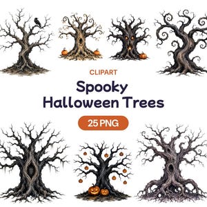 May include: A digital collection of seven illustrations featuring gnarled, dark brown and black leafless trees with twisted branches, some decorated with orange pumpkins, hanging lanterns, or a black crow, labeled CLIPART Spooky Halloween Trees 25 PNG.