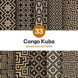 Könnte beinhalten: Eine Sammlung von 33 nahtlosen Mustern mit schwarzen und hellbraunen geometrischen Designs, inspiriert von Congo Kuba Textilien. Das Bild zeigt verschiedene wiederkehrende Motive wie Sterne, Kreuze, Labyrinthe und ineinandergreifende Linien.