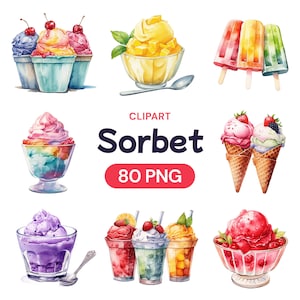 Clipart de sorbete de acuarela, dulce de verano con jugo de fruta azucarado, paquete de PNG transparente con sabores de postres veganos congelados, licencia de uso comercial