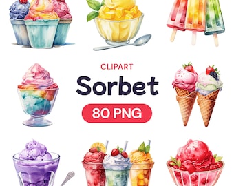 Clipart de sorbete de acuarela, dulce de verano con jugo de fruta azucarado, paquete PNG transparente de sabores de postres veganos congelados, licencia de uso comercial