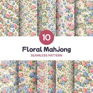 Puede incluir: Una colección de diez patrones sin costuras con fondo crema, peonías rosas, racimos de hortensias azules, hojas verdes, cintas rosas, jarrones de porcelana azul y blanca y varias fichas de mahjong con caracteres rojos y verdes.