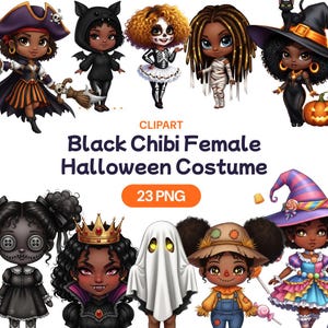 Op de afbeelding: Een verzameling zwarte chibi vrouwelijke Halloween kostuum clipart. De afbeelding toont verschillende personages verkleed als piraat, vleermuis, skelet, mummie, heks, pop, vampier, geest, vogelverschrikker en fee. De tekst luidt "Black Chibi Female Halloween Costume" en "23 PNG".