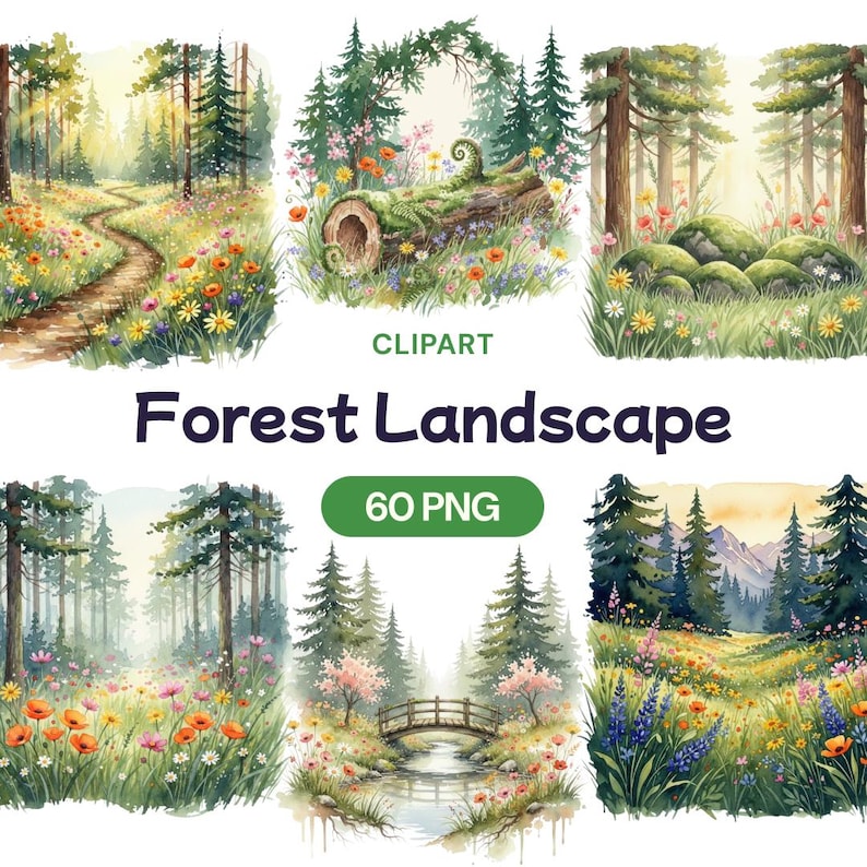 Watercolor Forest Landscape Clipart, Woodland Scenery P…