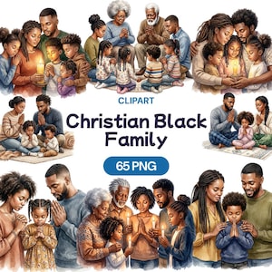 Pode incluir: Uma ilustração digital com múltiplas representações de famílias negras em oração. As imagens mostram adultos e crianças com velas, rezando e abraçando. O texto "Christian Black Family" e "65 PNG" também estão presentes.