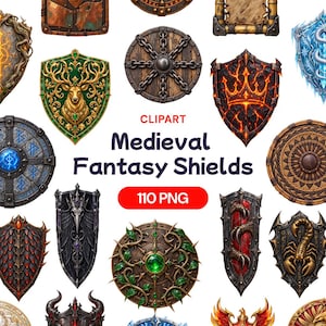 Puede incluir: Una colección de varios escudos de fantasía medieval con diseños diversos, incluyendo un emblema de ciervo dorado, una corona de lava, un círculo de madera con cadenas, un motivo de escorpión y una gema verde, con el texto CLIPART Medieval Fantasy Shields 110 PNG.