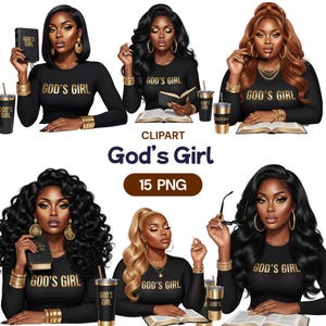 Könnte beinhalten: Digitales Clipart mit sechs Illustrationen von Frauen mit verschiedenen Frisuren, die schwarze Langarmshirts mit dem goldenen Schriftzug "GOD'S GIRL" tragen. Jede Frau hält ein Buch oder einen Becher. Das Bild enthält den Text "God's Girl" und "15 PNG".