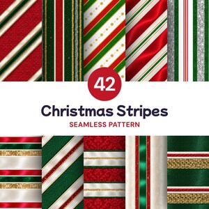 May include: A collection of 42 seamless digital patterns featuring Christmas stripes in red, green, white, gold, and silver. The designs include various textures like glitter, satin, and damask prints, presented in a grid layout with the text 42 Christmas Stripes.