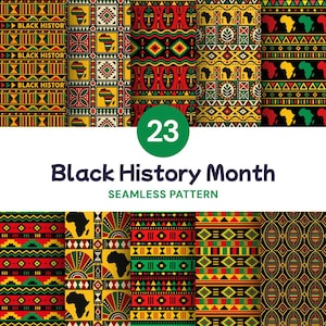 Puede incluir: Una colección de 23 patrones sin costuras para el Mes de la Historia Negra con diseños geométricos vibrantes en rojo, amarillo, verde y negro, siluetas del continente africano, máscaras tribales y texto repetido BLACK HISTORY.