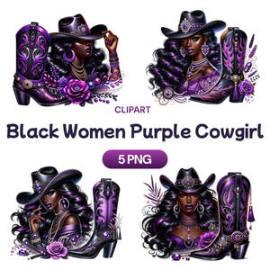 Imágenes prediseñadas de mujer negra, vaquera morada, linda chica afroamericana PNG, sombrero violeta de rodeo campestre, notas divertidas y feroces, licencia de uso comercial