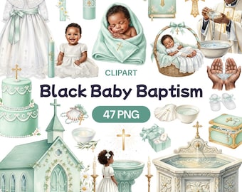 May include: A collection of watercolor clipart elements for Black baby baptism, including a baby in a blanket, baptism gowns, a church, candles, crosses, a cake, and the text "Black Baby Baptism" and "47 PNG".
