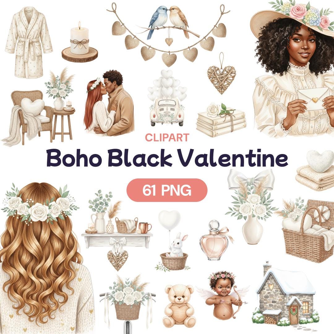 Boho Black Valentine Clipart, African American Couple PNG, Watercolor ...