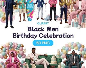 Clipart de cumpleaños de hombres negros, 50 PNG de hombres afroamericanos, gráficos de fiesta con globos dorados, arte de moda con trajes, colección de pasteles para celebrar