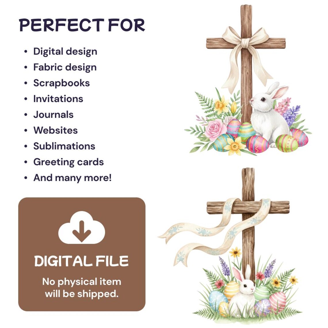 Easter Cross Bunny Clipart, 25 Watercolor Christian PNG, Cute Rabbit ...