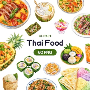 Pode incluir: Uma coleção de ilustrações em aquarela apresentando vários pratos tailandeses, incluindo arroz frito no abacaxi, sorvete de coco, tigelas de macarrão, arroz doce com manga e roti, com o texto CLIPART Thai Food 60 PNG no centro.