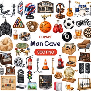 Watercolor Man Cave Clipart Bundle, Masculine Room Decor Graphics, Hobby PNG (300 Files)