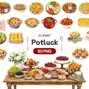 Potluck-clipart, gedekt gerecht diner PNG, grafische ovenschotel, familiebijeenkomst kunst, illustratie buffetmaaltijd