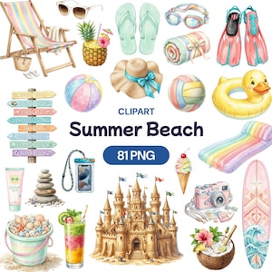 May include: A collection of summer beach themed clipart illustrations including a wooden lounge chair, pineapple drink, flip-flops, goggles, swim fins, beach towel, sun hat, beach ball, volleyball, duck float, surfboard, sandcastle, and camera.