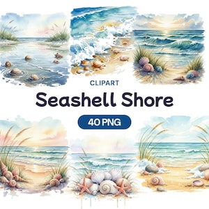 May include: A collection of watercolour clipart images depicting seaside scenes with seashells, starfish, and ocean waves. The text "Seashell Shore" and "40 PNG" are present. The artwork uses a soft, pastel colour palette, creating a tranquil coastal feel.