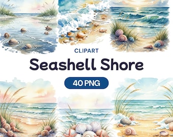 Seashell Shore Clipart, 40 PNG, Watercolor Beach Landscape, Ocean Wave Scenery, Coastal Shell Starfish, Summer Vacation, Tropical Sand