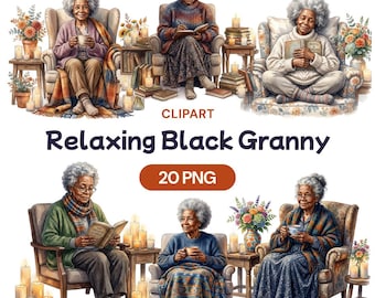 Imágenes prediseñadas de abuela negra relajada, PNG de mujer mayor acogedora, anciana afroamericana, acuarela de abuela amante de los libros, arte de la hora del té