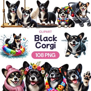 Clipart Corgi noir, aquarelle mignon bébé chien fesses PNG, amoureux des chiots de compagnie kawaii, ensemble d'illustrations transparentes amusantes, licence d'utilisation commerciale