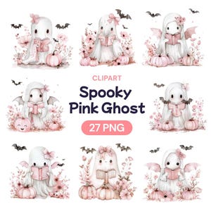 Clipart fantôme rose effrayant, Halloween aquarelle PNG Transparent Bundle, Pastelloween mignon, petite citrouille amusante Kawaii, licence d'utilisation commerciale