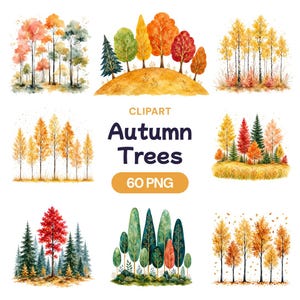 Puede incluir: Una colección digital de ilustraciones de árboles de otoño en acuarela con varias escenas forestales con follaje naranja, rojo, amarillo y verde. El texto dice CLIPART Autumn Trees 60 PNG, mostrando diversas formas de árboles y colores.
